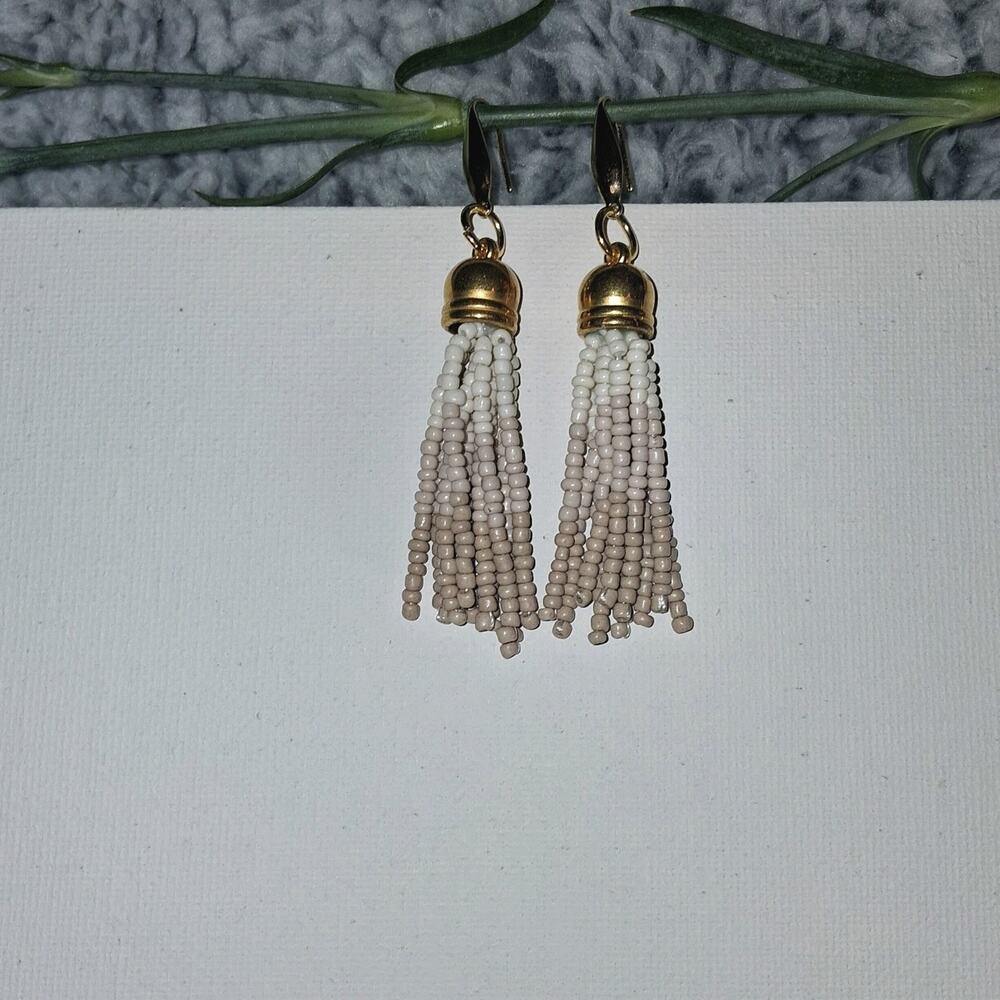 Bohemian Beige Beaded Gold Tassel Earring Set Handmade